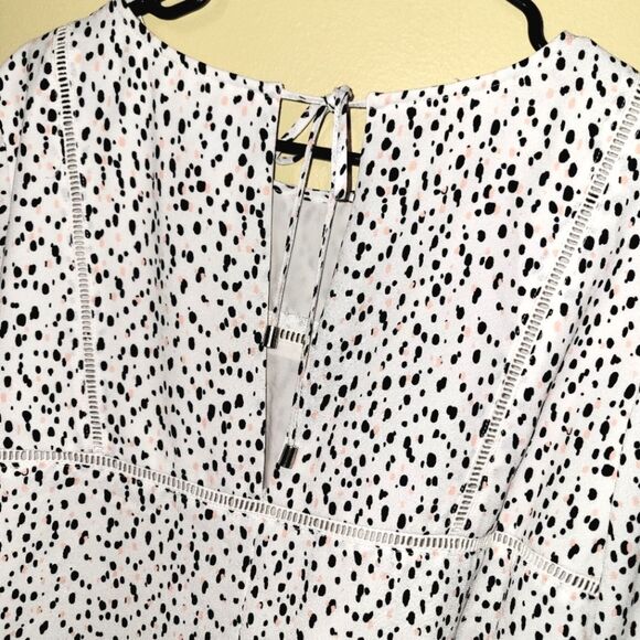 Kaari Blue Spotted Flare Sleeve Ruffle Keyhole Top Large - Picture 5 of 13